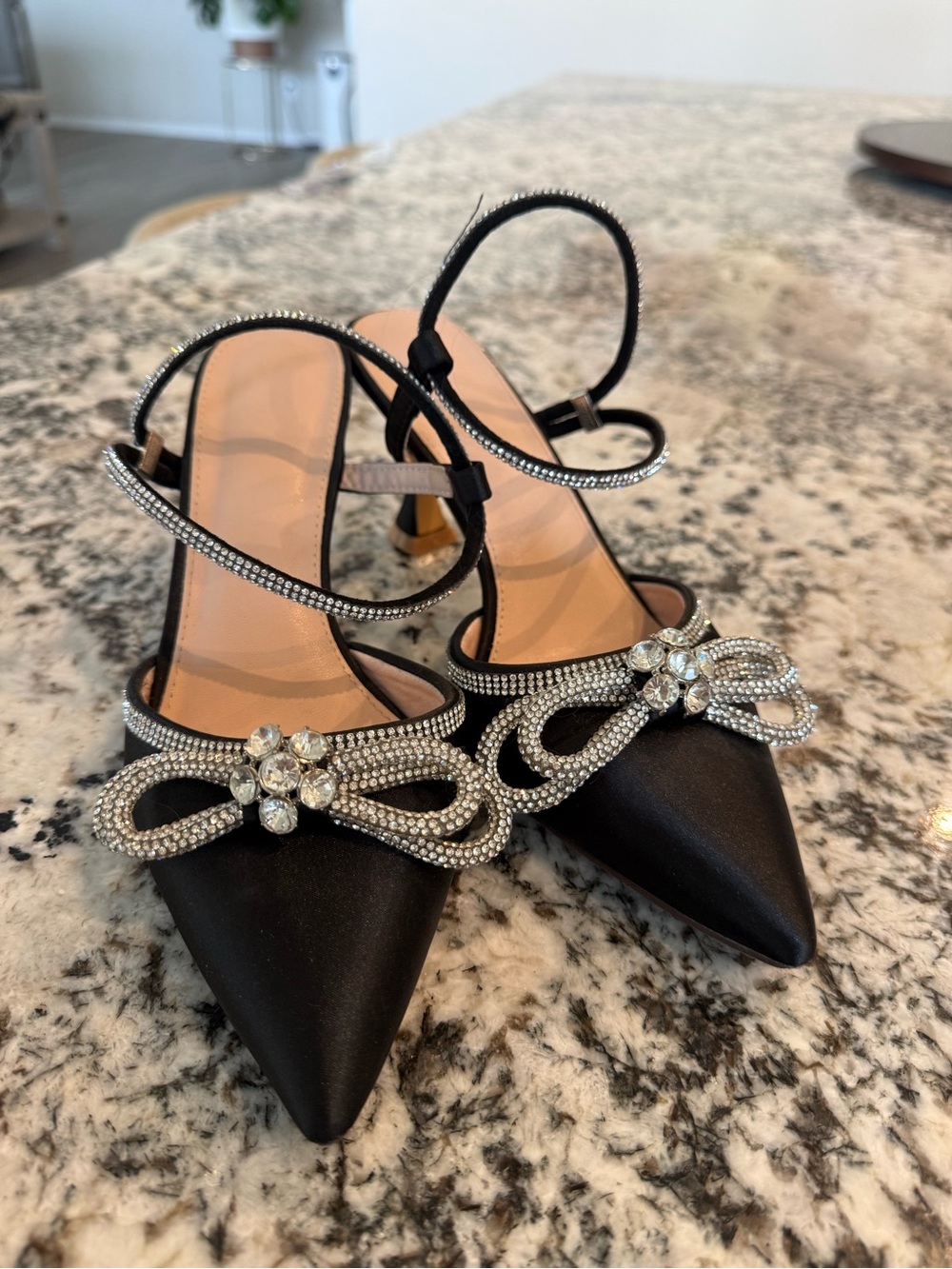 Black Satin Pointed Slingback Heels with Crystal Bow Accent